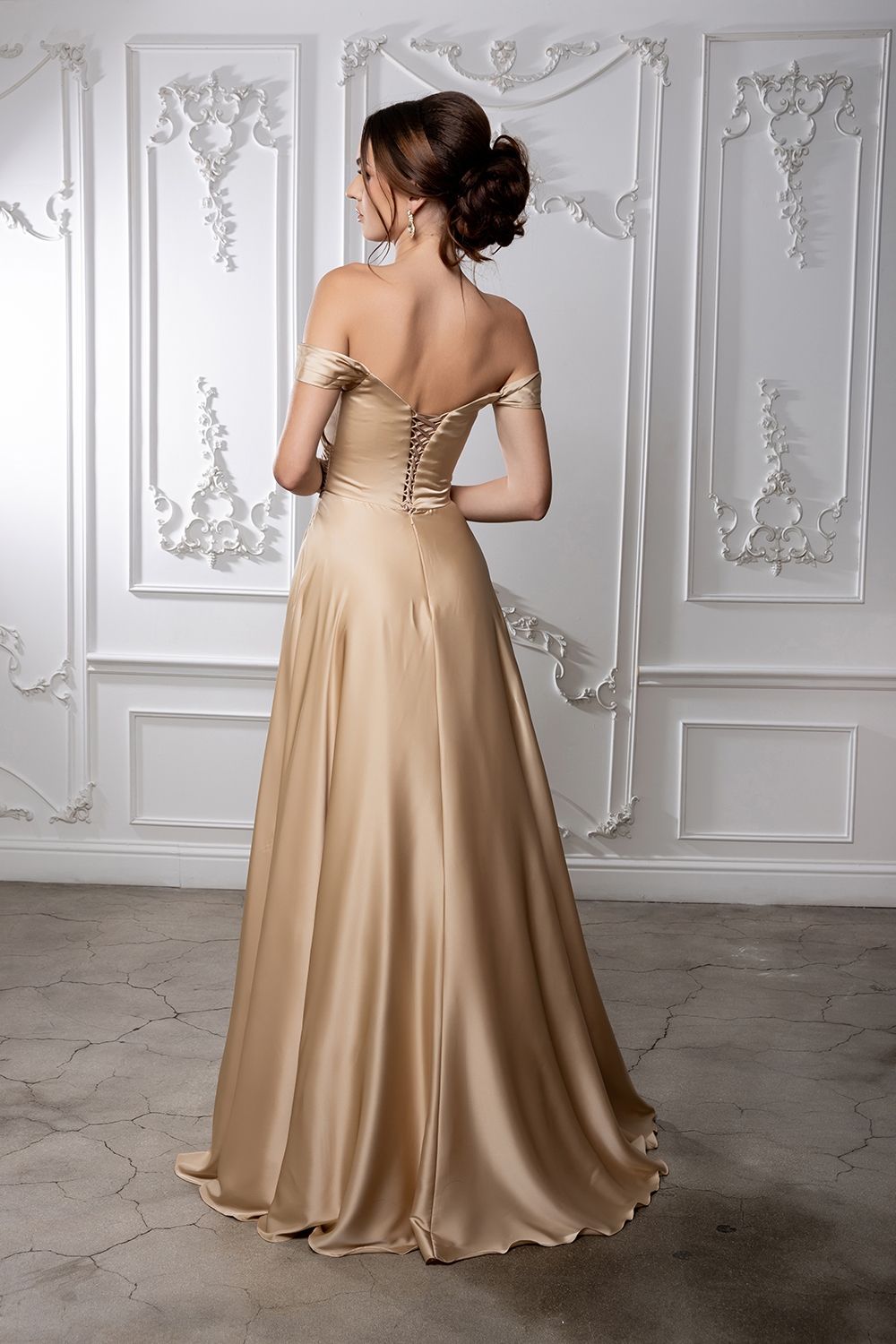 Satin Off Shoulder Evening Dress with corset back MQ2187