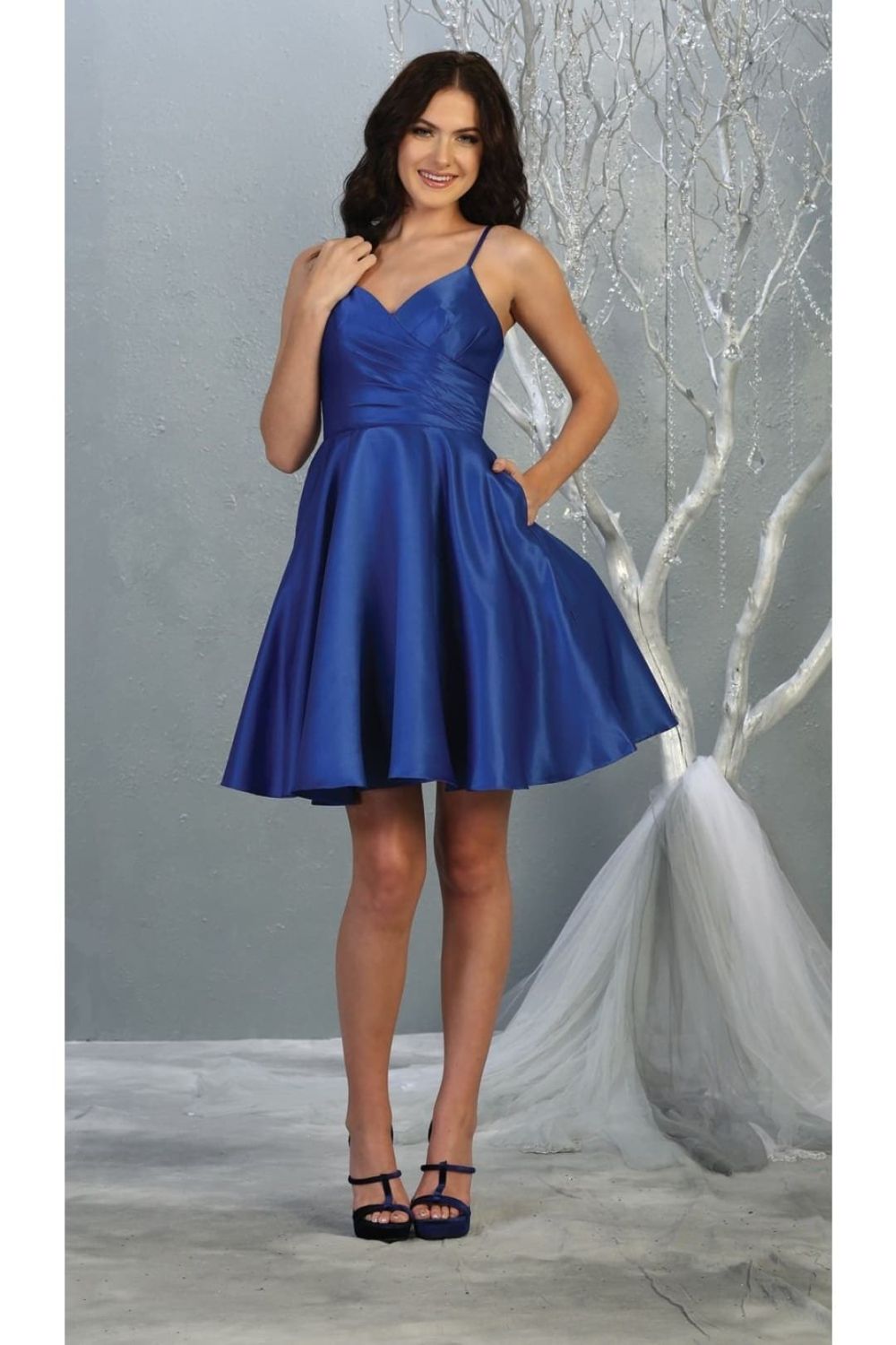 V-neck spaghetti strap A-Line Short Dress with Pleats MQ1654