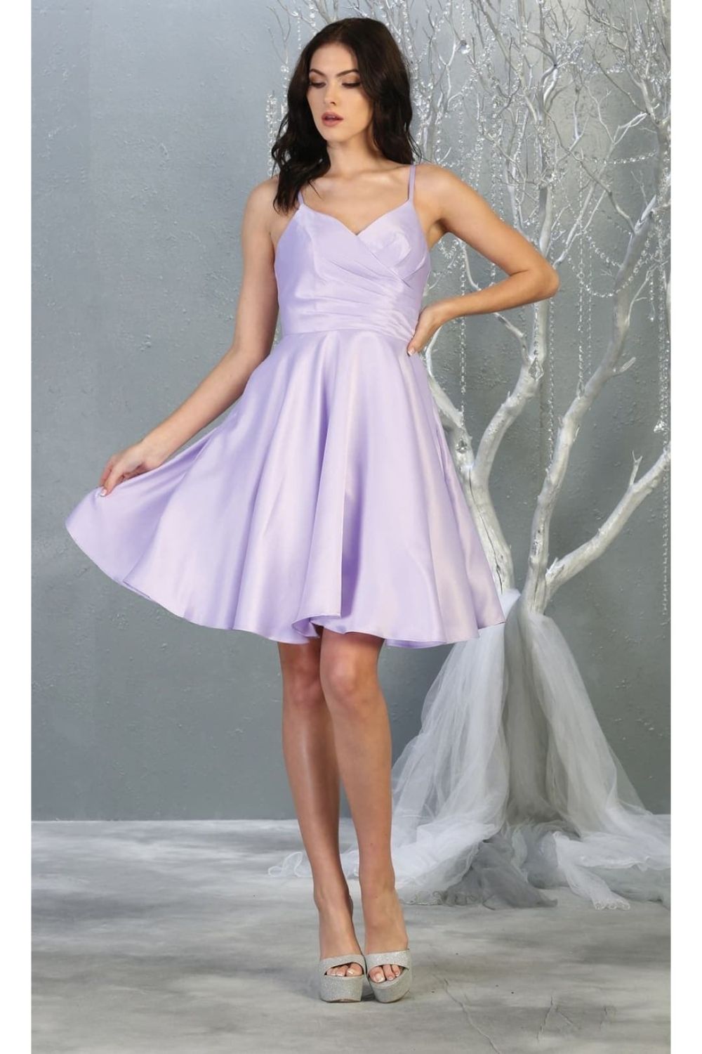 V-neck spaghetti strap A-Line Short Dress with Pleats MQ1654