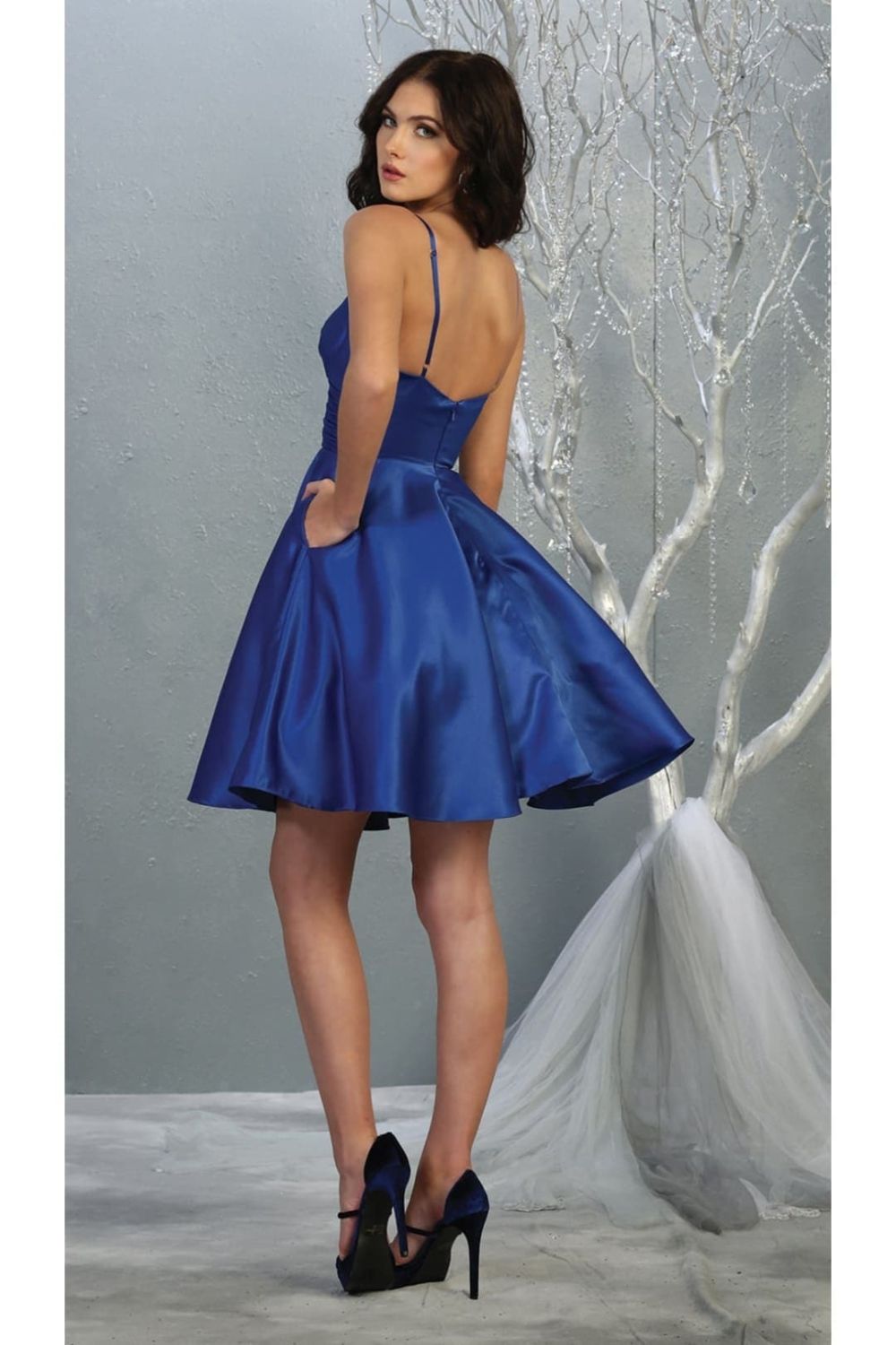 V-neck spaghetti strap A-Line Short Dress with Pleats MQ1654