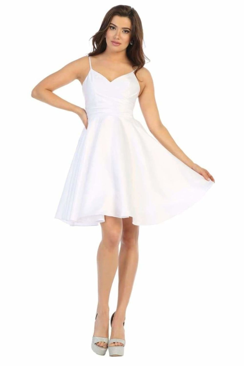 V-neck spaghetti strap A-Line Short Dress with Pleats MQ1654
