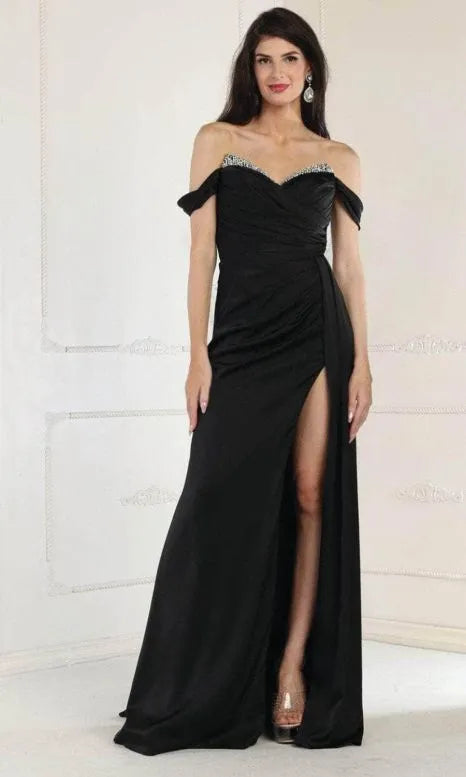Satin Off Shoulder Dress with Rhinestone Detail Mayqueen RQ7971