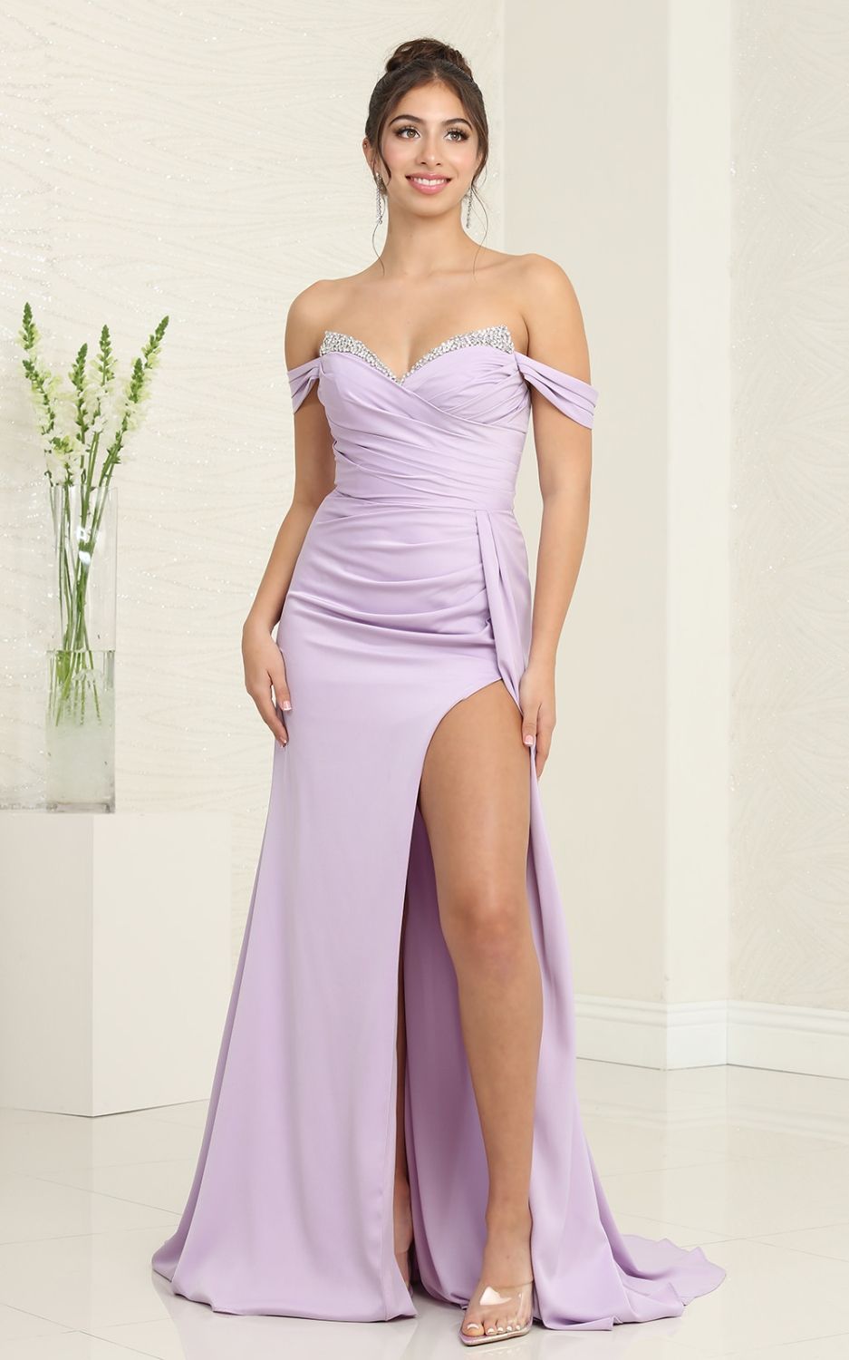 Satin Off Shoulder Dress with Rhinestone Detail Mayqueen RQ7971