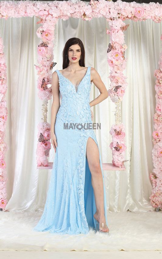 Lace Baby Blue Fit and Flair Prom Dress with Slit