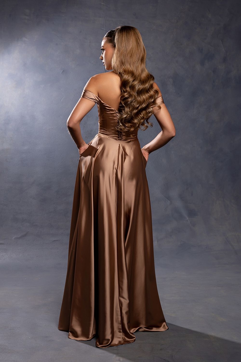 Satin Off Shoulder Evening Dress with corset back MQ2187