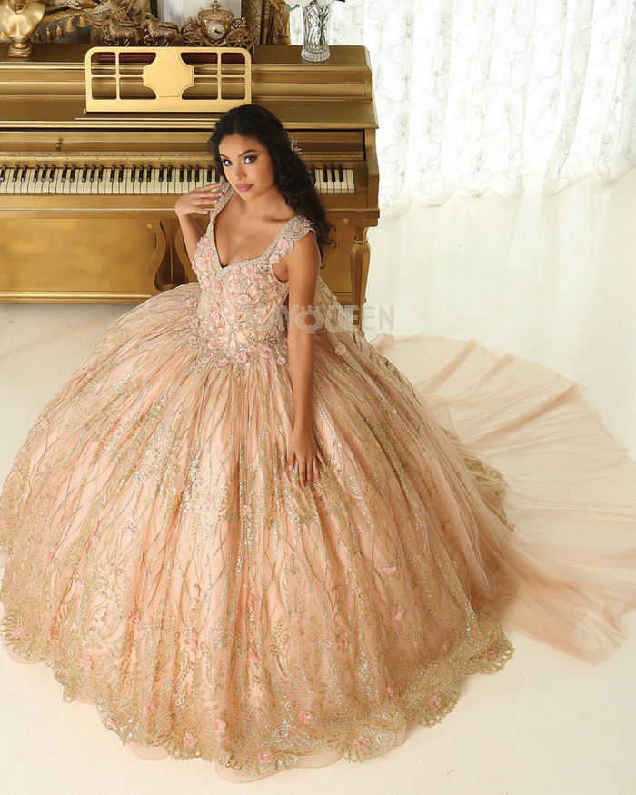 RoseGold Floral Quincenera Dress