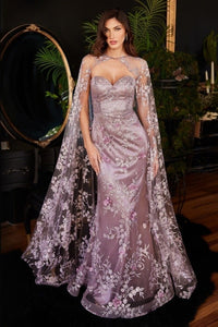 Strapless Fitted Gown with Lace Cape