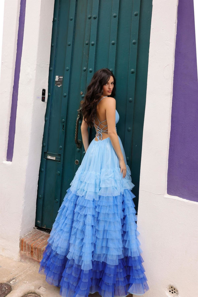 Spaghetti Strap Ruffled Ombre gown with a slit