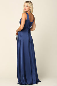 V Neck Satin Gown with Front Slit and Corset Closure