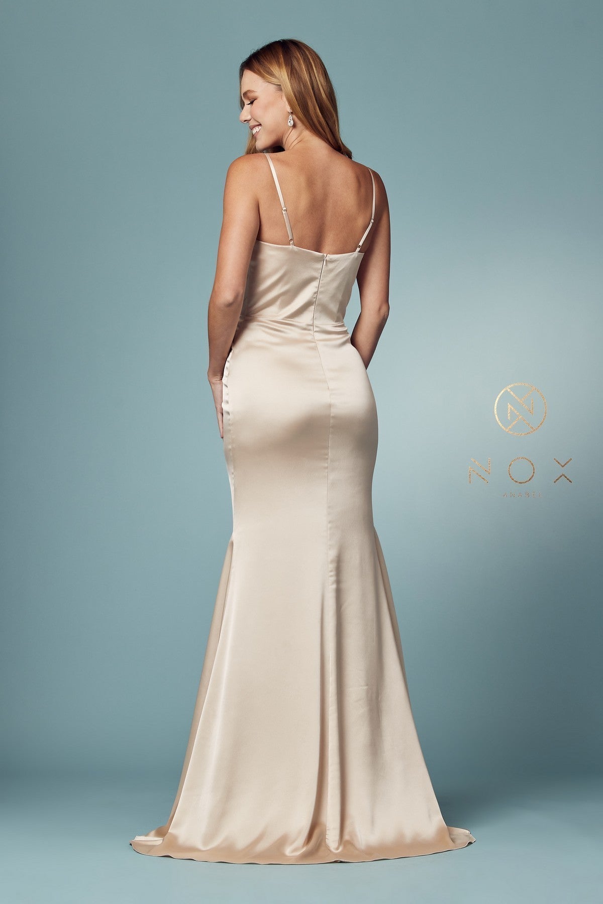 Satin Cowl V-Neck Fitted Dress by Nox Anabel