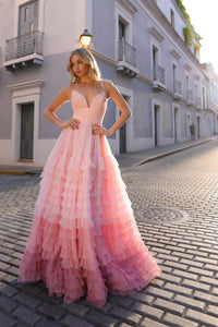 Spaghetti Strap Ruffled Ombre gown with a slit