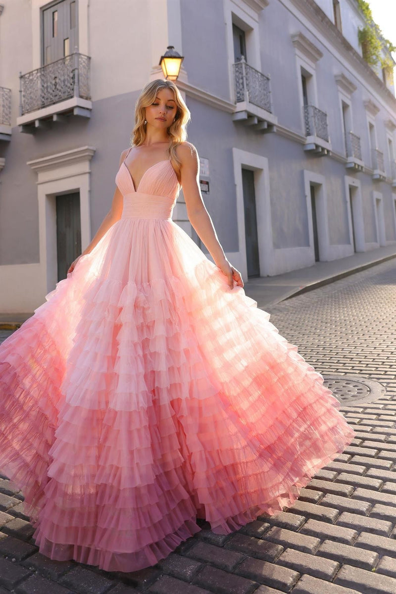 Spaghetti Strap Ruffled Ombre gown with a slit