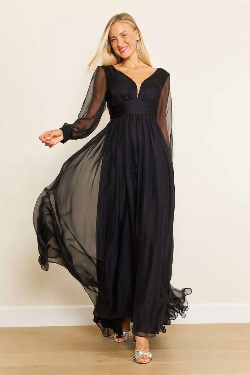 Black long sleeve chiffon dress