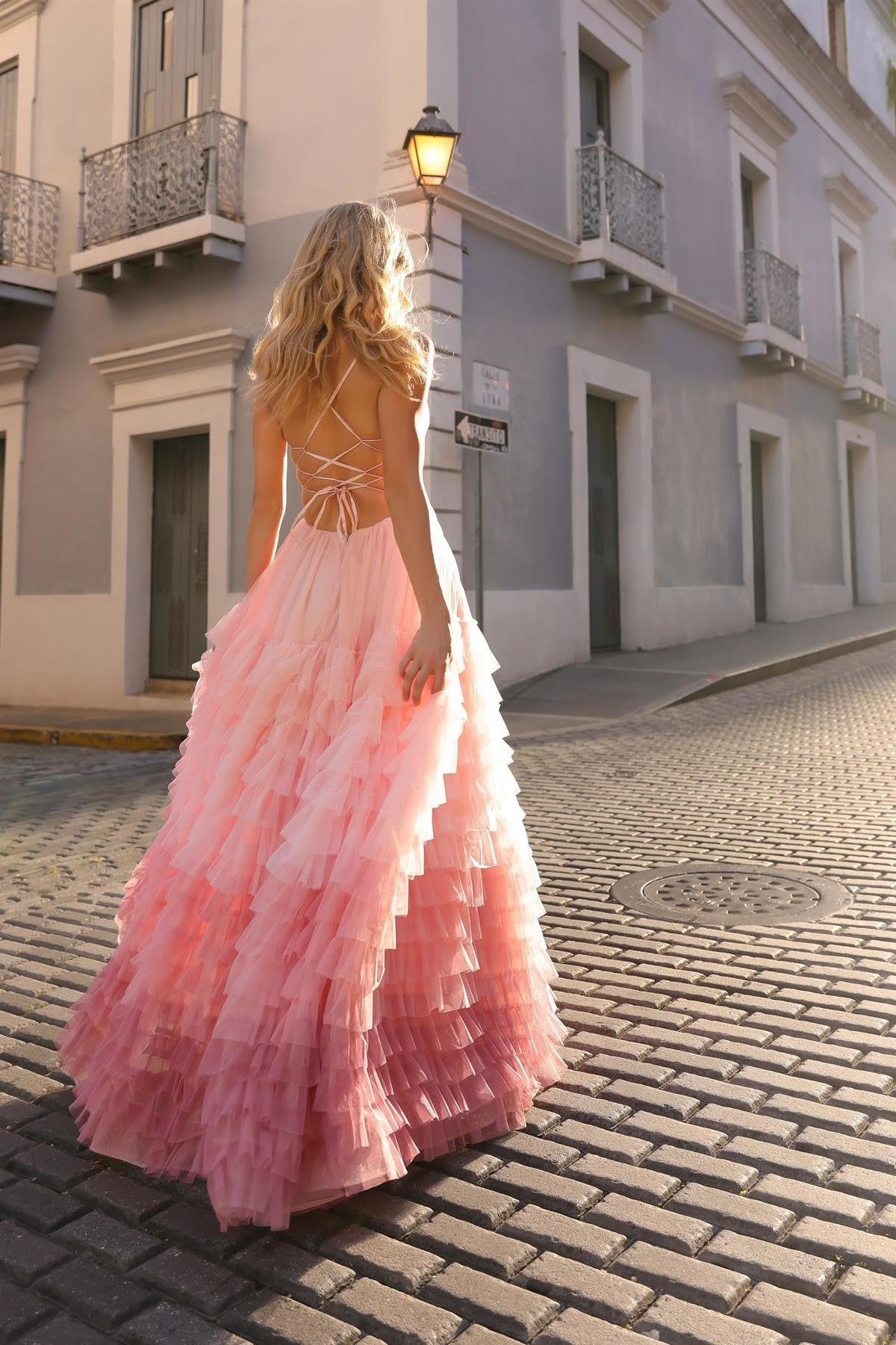 Spaghetti Strap Ruffled Ombre gown with a slit