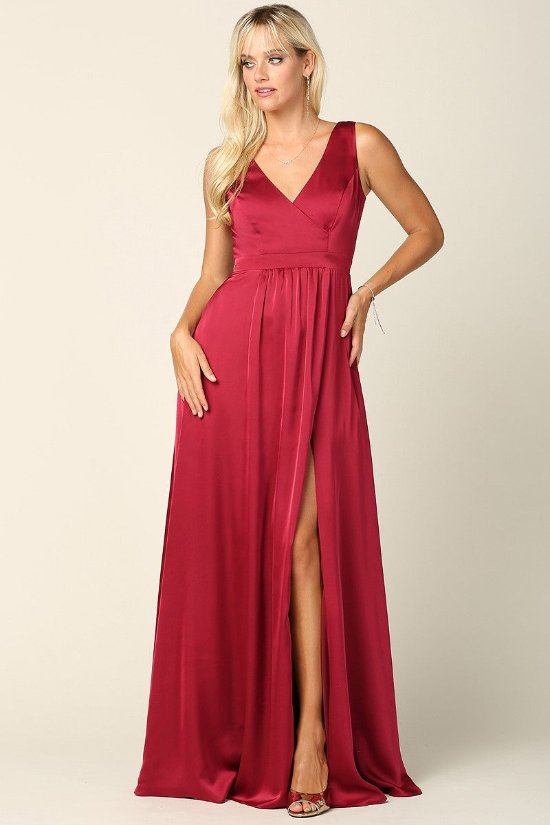 V Neck Satin Gown with Front Slit and Corset Closure