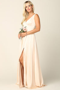 V Neck Satin Gown with Front Slit and Corset Closure