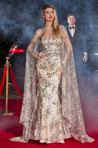 Strapless Fitted Gown with Lace Cape