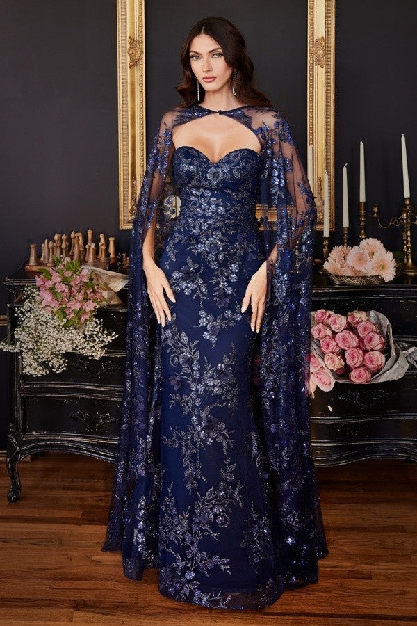 Strapless Fitted Gown with Lace Cape