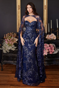 Strapless Fitted Gown with Lace Cape