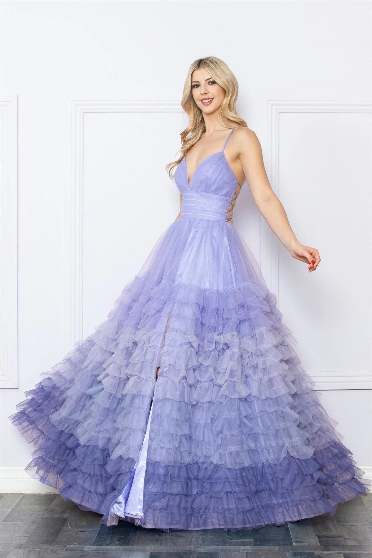 Spaghetti Strap Ruffled Ombre gown with a slit