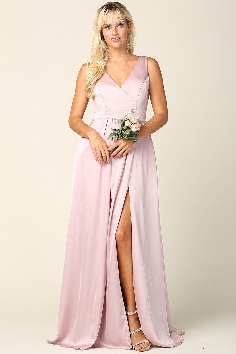 V Neck Satin Gown with Front Slit and Corset Closure