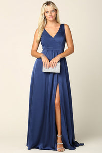 V Neck Satin Gown with Front Slit and Corset Closure