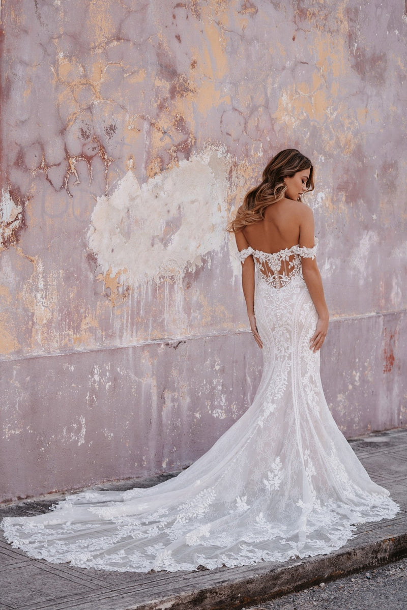 Off the shoulder lace Bridal Sheath Wedding Dress - Moda FormalwearDressesAllure Bridal