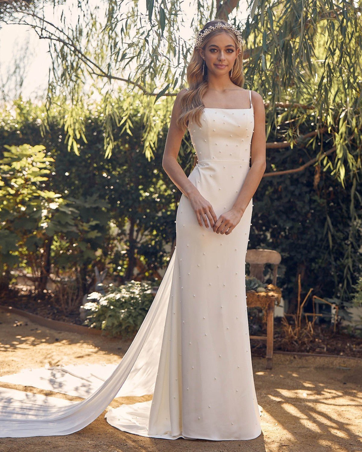 Satin Sheath Wedding Gown with pearl detail - Moda FormalwearDressesNox Anabel