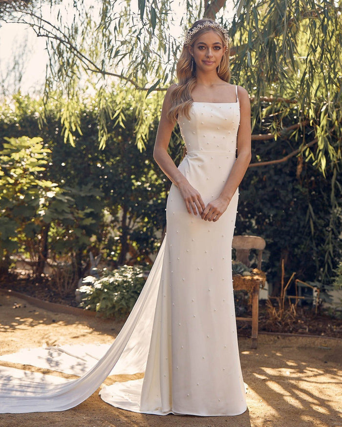 Satin Sheath Wedding Gown with pearl detail - Moda FormalwearDressesNox Anabel